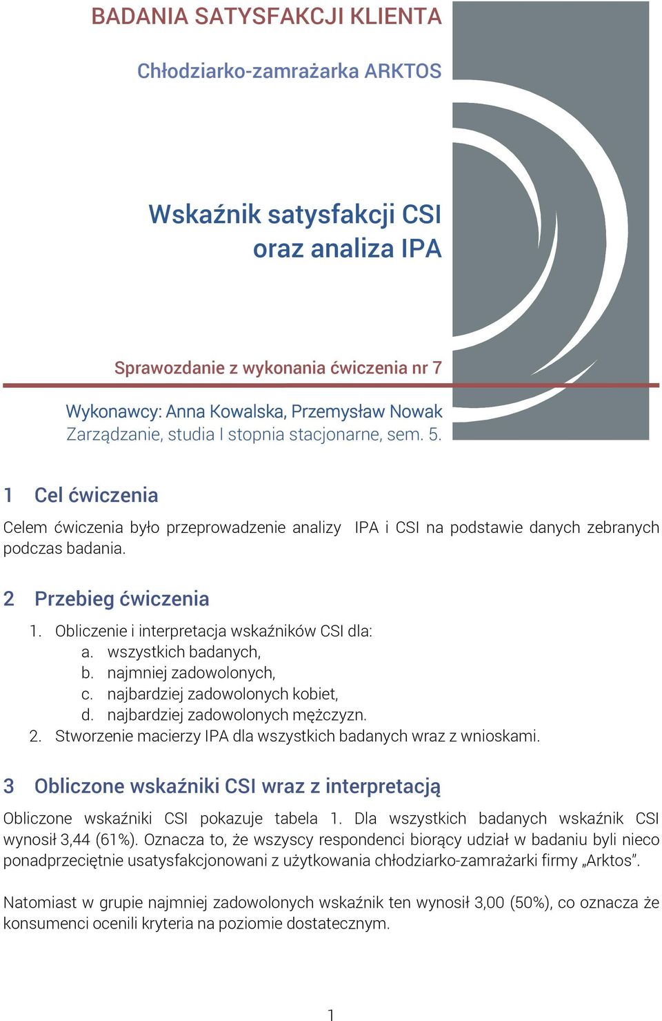 Obliczenie i interpretacja wskaźników CSI dla: a. wszystkich badanych, b. najmniej zadowolonych, c. najbardziej zadowolonych kobiet, d. najbardziej zadowolonych mężczyzn.