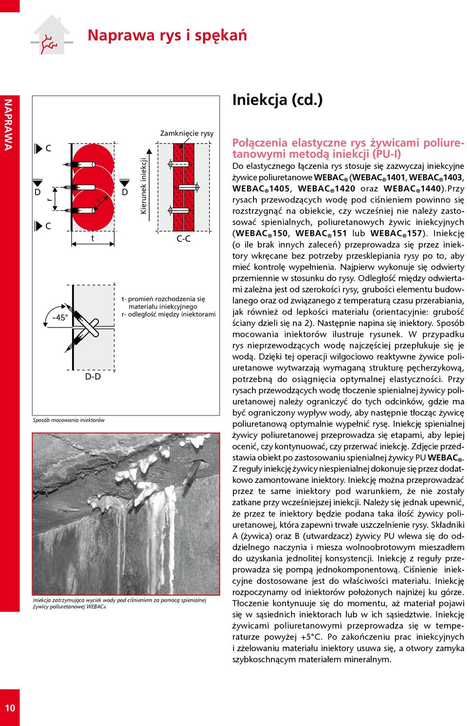 ) Po àczenia elastyczne rys ywicami poliuretanowymi metodà iniekcji (PU-I) Do elastycznego łączenia rys stosuje się zazwyczaj iniekcyjne żywice poliuretanowe WEBAC (WEBAC 1401, WEBAC 1403, WEBAC