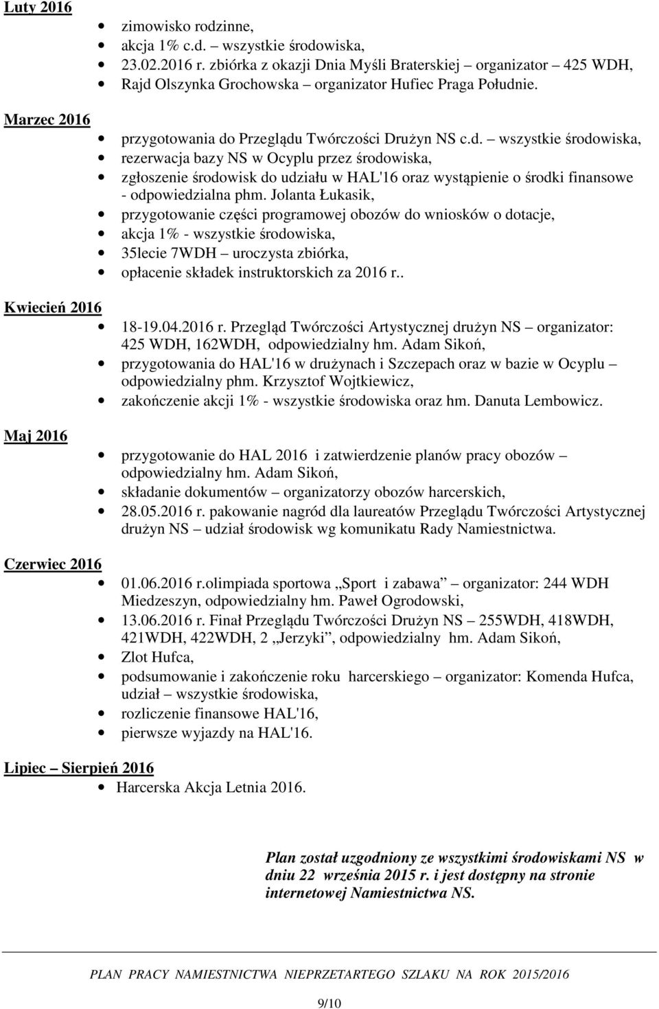 Jolanta Łukasik, przygotowanie części programowej obozów do wniosków o dotacje, akcja 1% - wszystkie środowiska, 35lecie 7WDH uroczysta zbiórka, opłacenie składek instruktorskich za 2016 r.