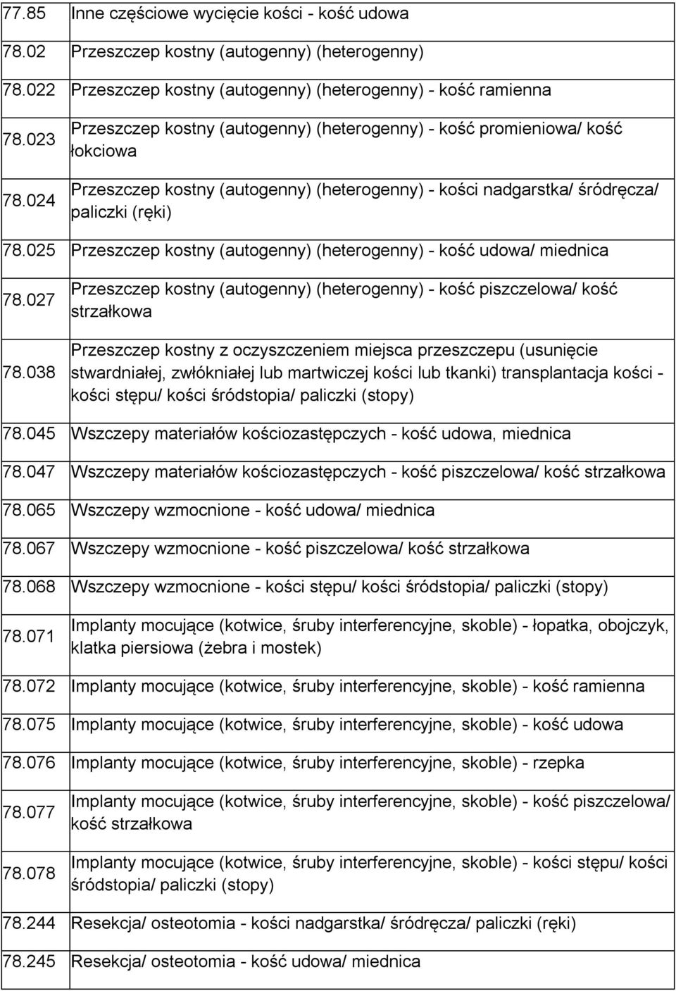 025 Przeszczep kostny (autogenny) (heterogenny) - kość udowa/ miednica 78.027 78.