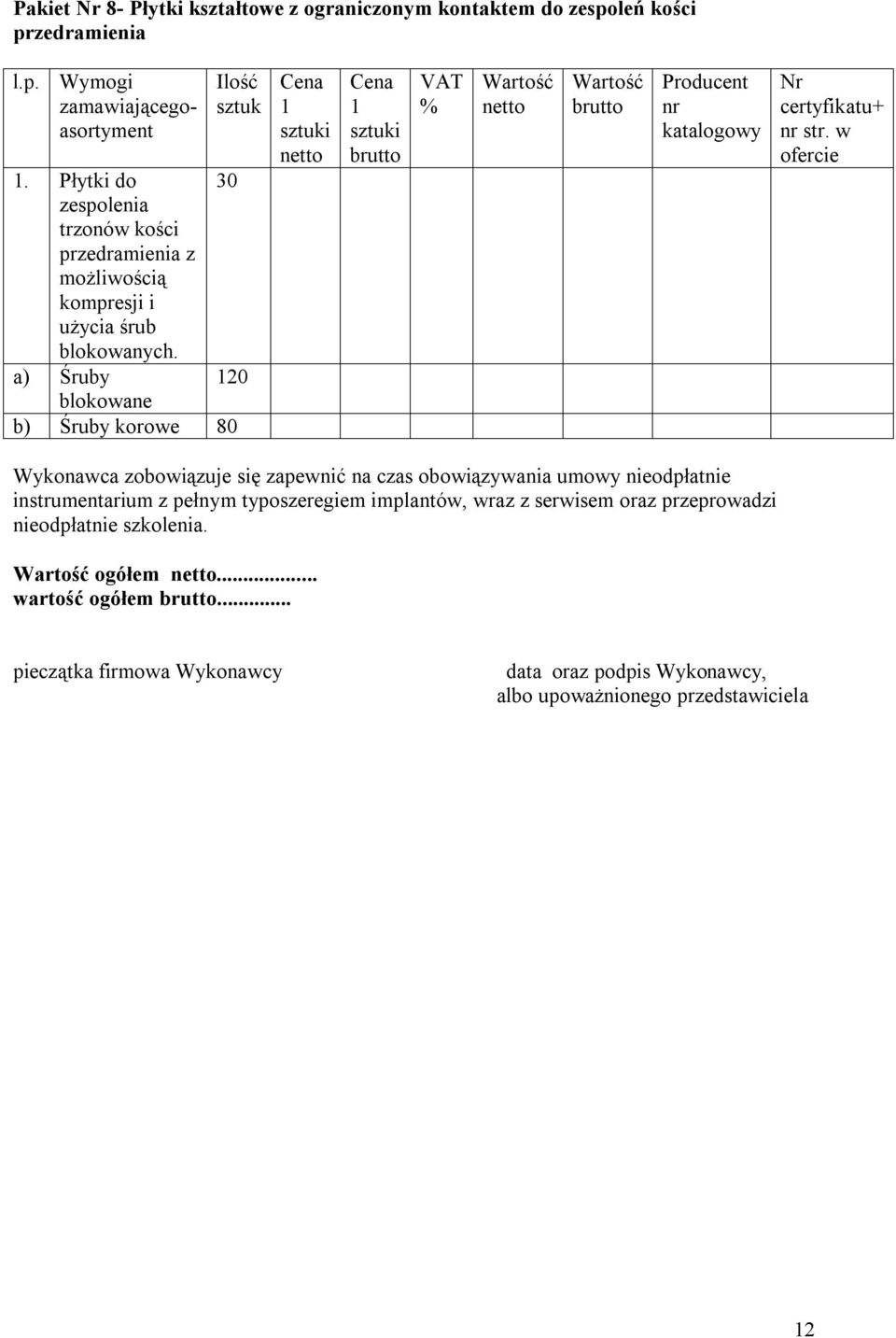 a) Śruby 120 blokowane b) Śruby korowe 80 1 sztuki 1 sztuki VAT % nr katalogowy certyfikatu+ nr str.