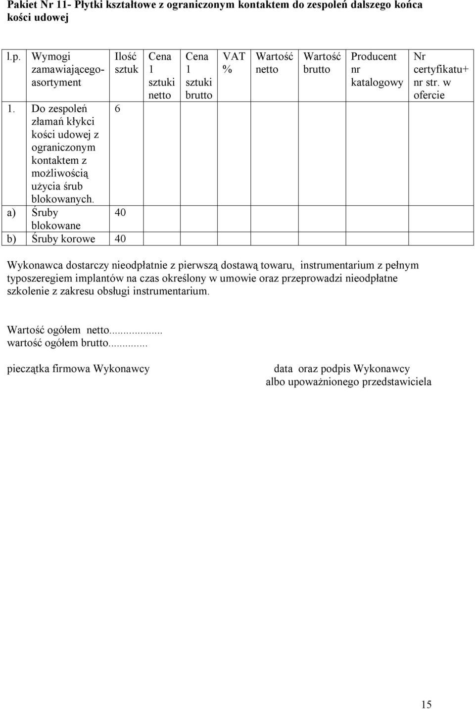 a) Śruby 40 blokowane b) Śruby korowe 40 1 sztuki 1 sztuki VAT % nr katalogowy certyfikatu+ nr str.