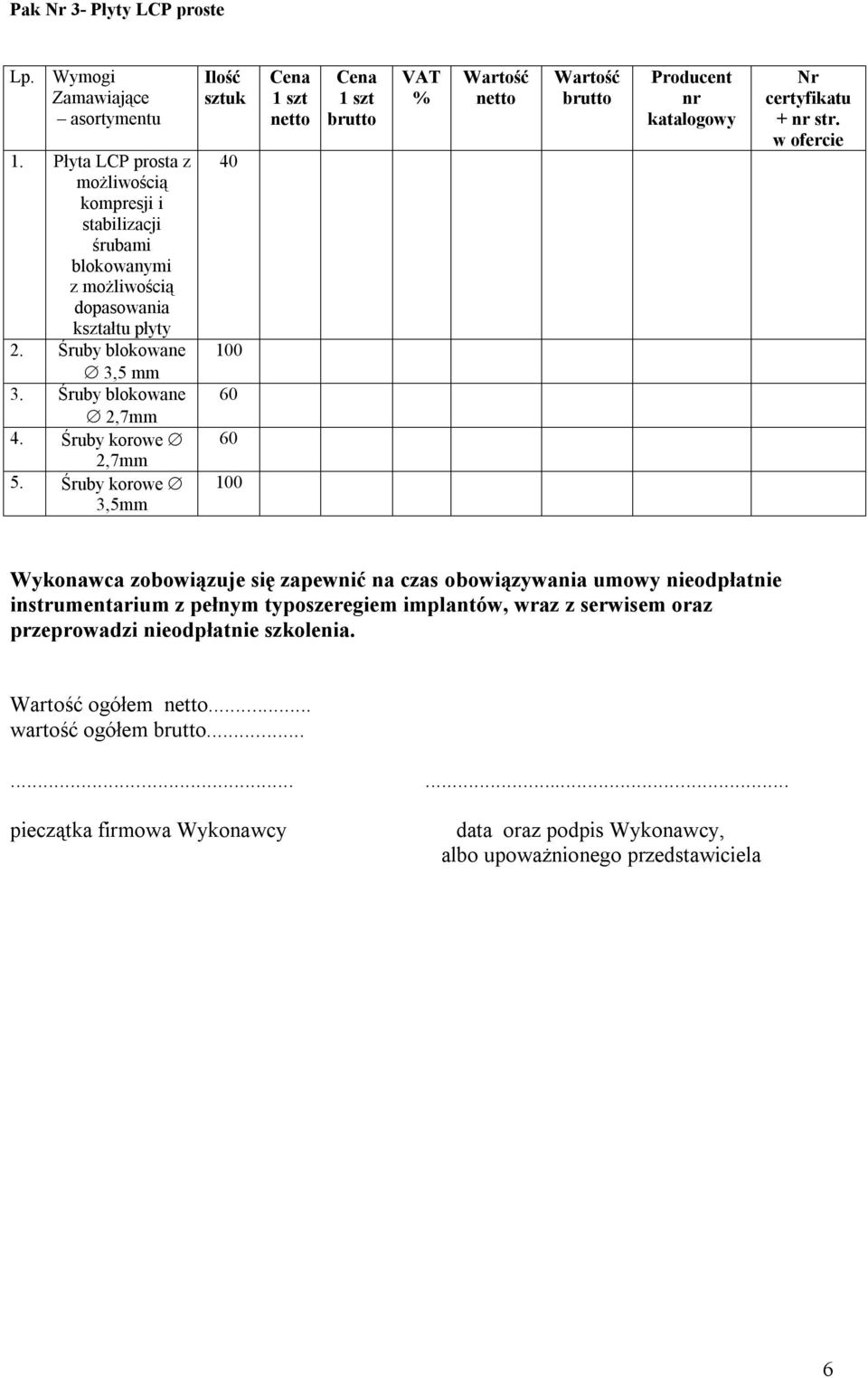 Śruby blokowane 2,7mm 4. Śruby korowe 2,7mm 5. Śruby korowe 3,5mm Ilość sztuk 40 100 60 60 100 1 szt 1 szt VAT % nr katalogowy certyfikatu + nr str.