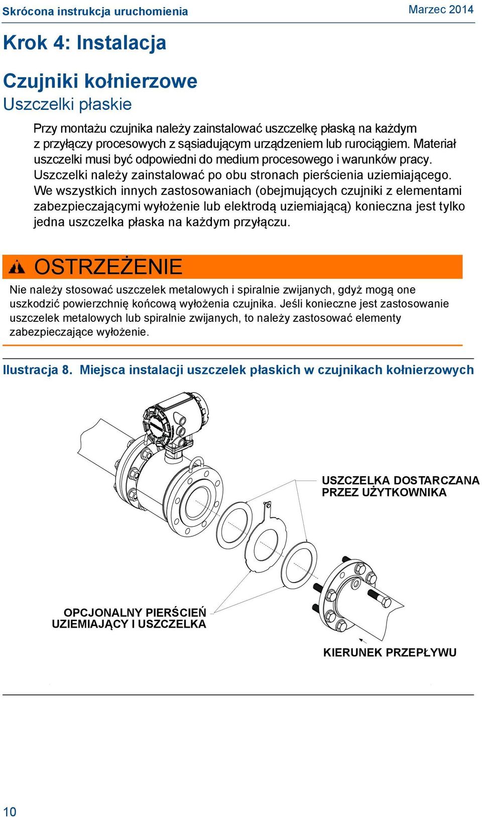 We wszystkich innych zastosowaniach (obejmujących czujniki z elementami zabezpieczającymi wyłożenie lub elektrodą uziemiającą) konieczna jest tylko jedna uszczelka płaska na każdym przyłączu.