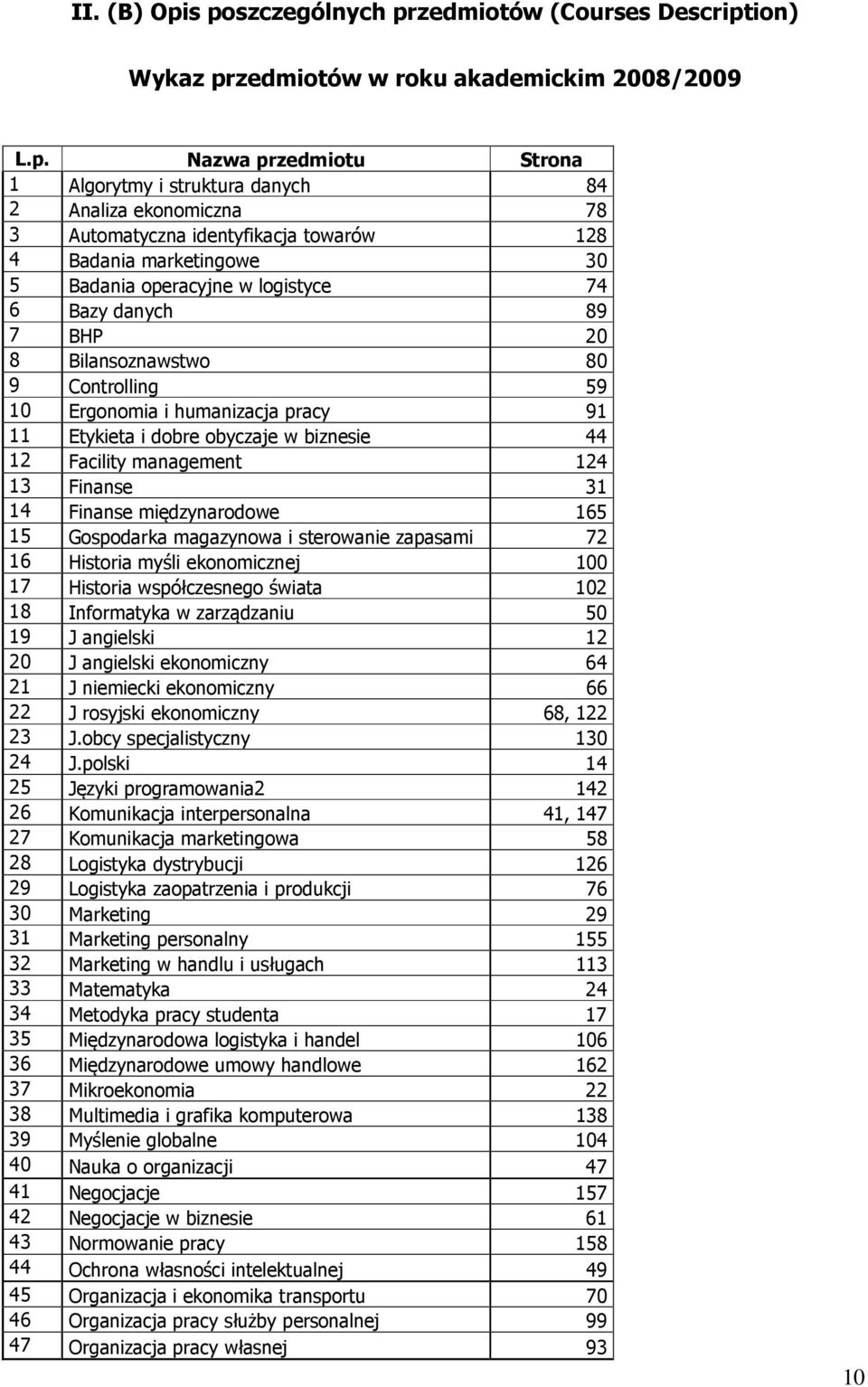 identyfikacja towarów 128 4 Badania marketingowe 30 5 Badania operacyjne w logistyce 74 6 Bazy danych 89 7 BHP 20 8 Bilansoznawstwo 80 9 Controlling 59 10 Ergonomia i humanizacja pracy 91 11 Etykieta