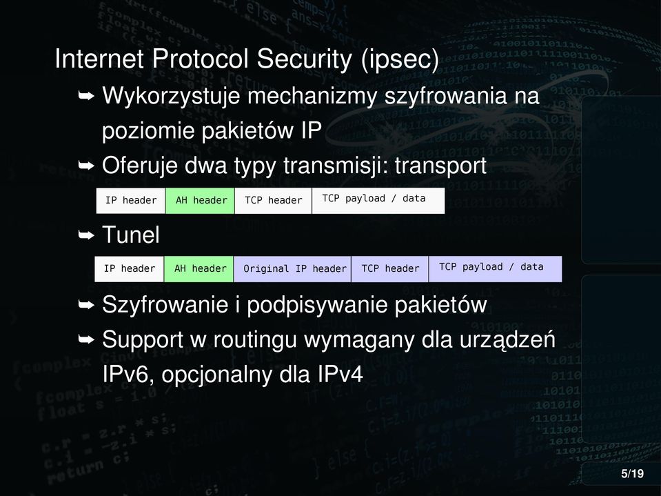 AH header Original IP header Tunel IP header TCP header TCP payload / data Szyfrowanie i