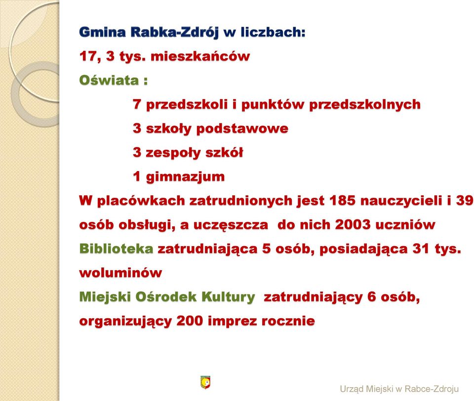 1 gimnazjum W placówkach zatrudnionych jest 185 nauczycieli i 39 osób obsługi, a uczęszcza do