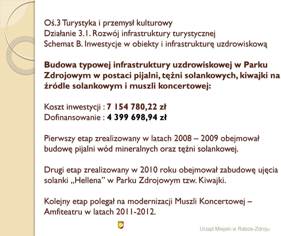 solankowym i muszli koncertowej: Koszt inwestycji : 7 154 780,22 zł Dofinansowanie : 4 399 698,94 zł Pierwszy etap zrealizowany w latach 2008 2009 obejmował budowę