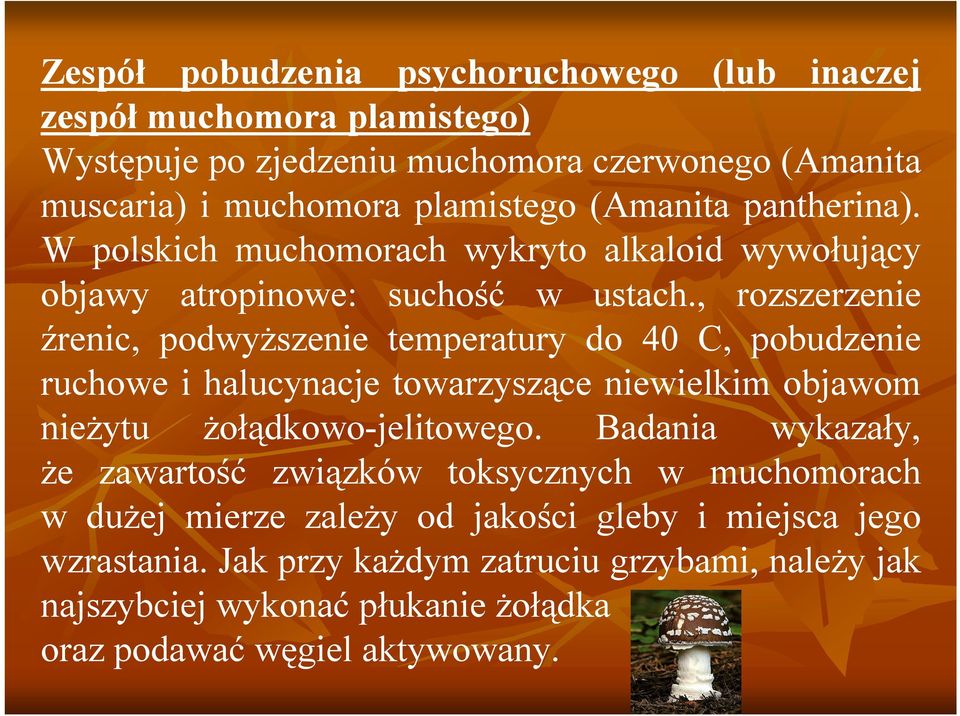 , rozszerzenie źrenic, podwyższenie temperatury do 40 C, pobudzenie ruchowe i halucynacje towarzyszące niewielkim objawom nieżytu żołądkowo-jelitowego.