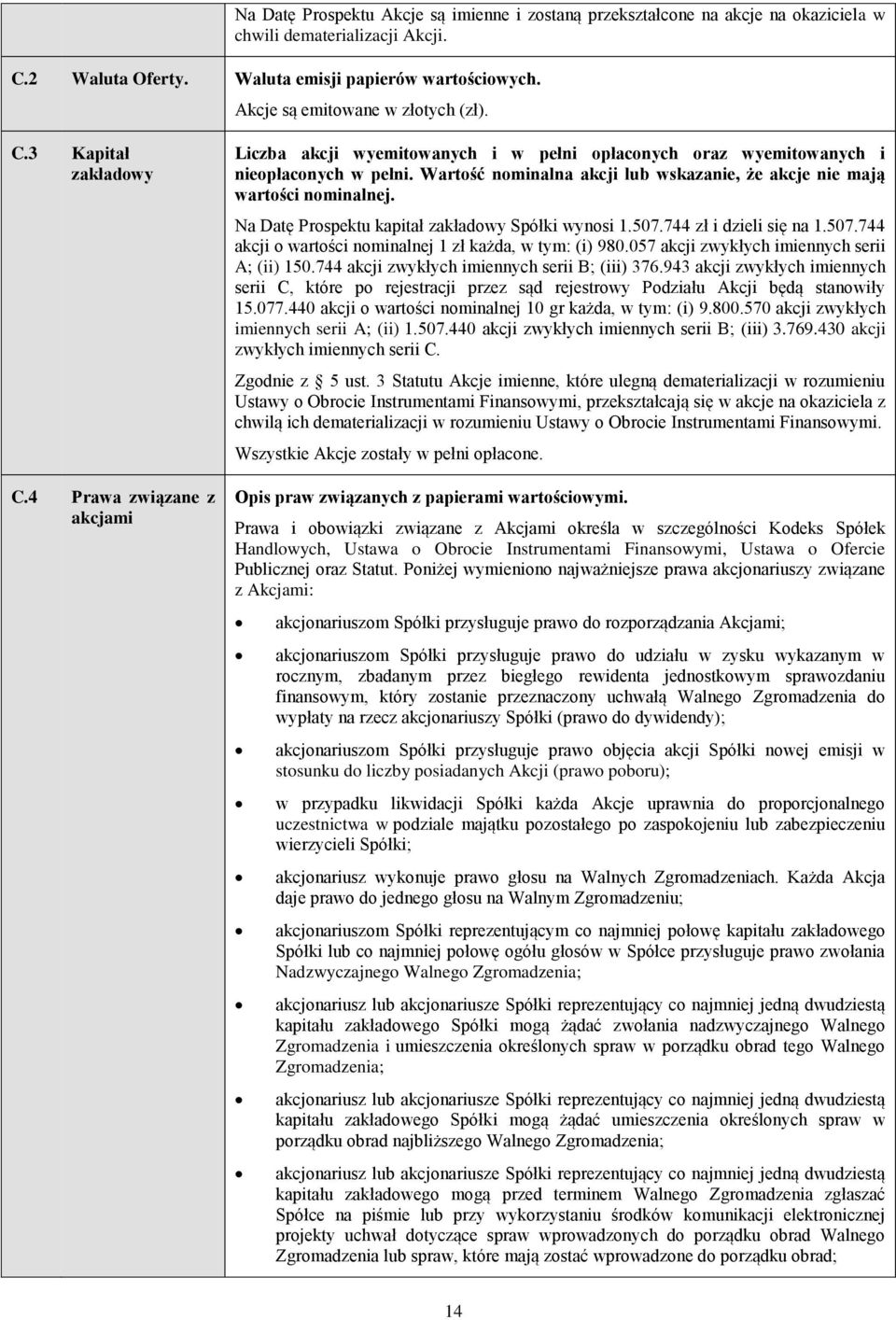 Wartość nominalna akcji lub wskazanie, że akcje nie mają wartości nominalnej. Na Datę Prospektu kapitał zakładowy Spółki wynosi 1.507.744 zł i dzieli się na 1.507.744 akcji o wartości nominalnej 1 zł każda, w tym: (i) 980.