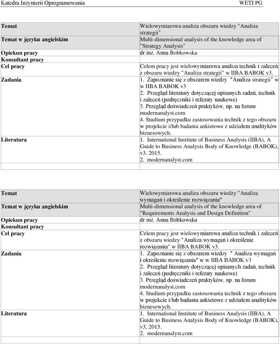 Zapoznanie się z obszarem wiedzy "Analiza strategii" w w IIBA BABOK v3 2. Przegląd literatury dotyczącej opisanych zadań, technik i zaleceń (podręczniki i referaty naukowe) 3.