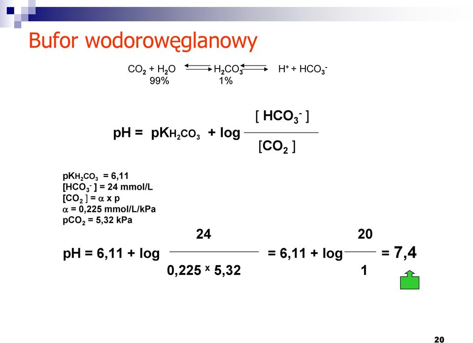 3 ] = 24 mmol/l [CO 2 ] = a x p a = 0,225 mmol/l/kpa pco 2 =