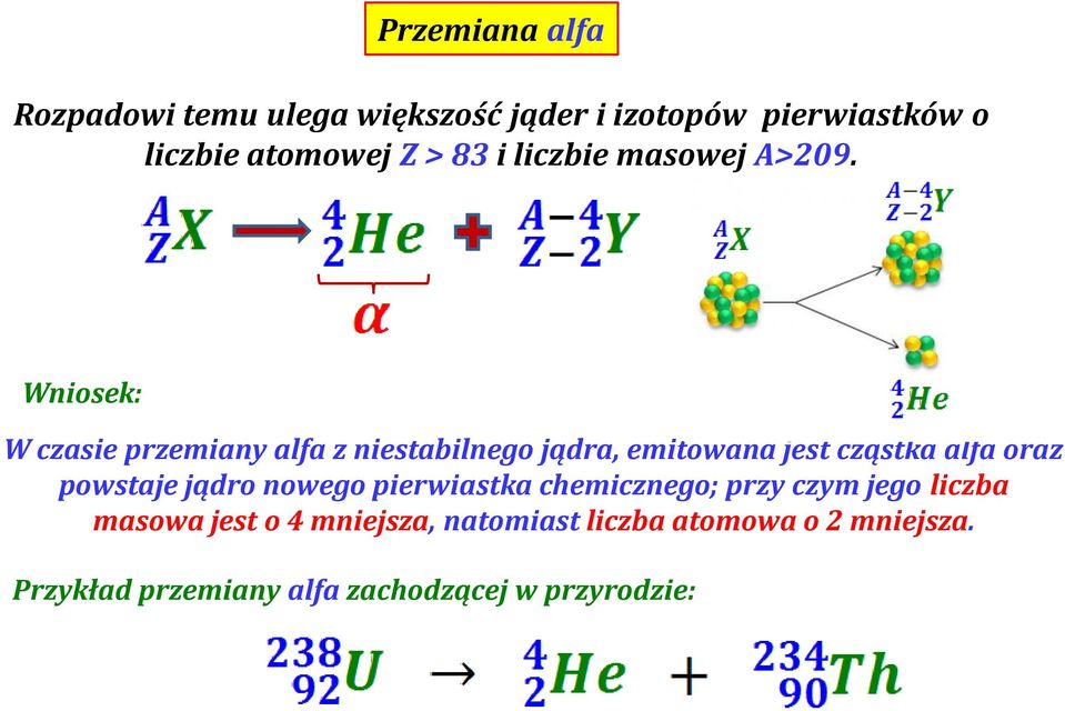 Wniosek: W czasie przemiany alfa z niestabilnego jądra, emitowana jest cząstka alfa oraz powstaje