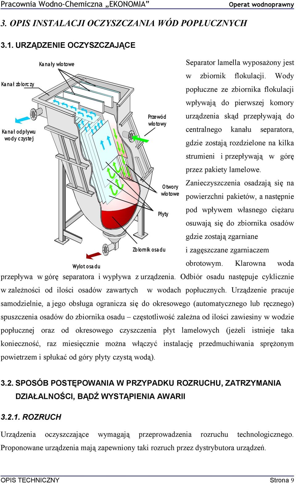 Wody popłuczne ze zbiornika flokulacji Ka na ł od pływu wody czystej Przewód wlotowy O twory wlotowe Płyty Zbiornik osa du wpływają do pierwszej komory urządzenia skąd przepływają do centralnego