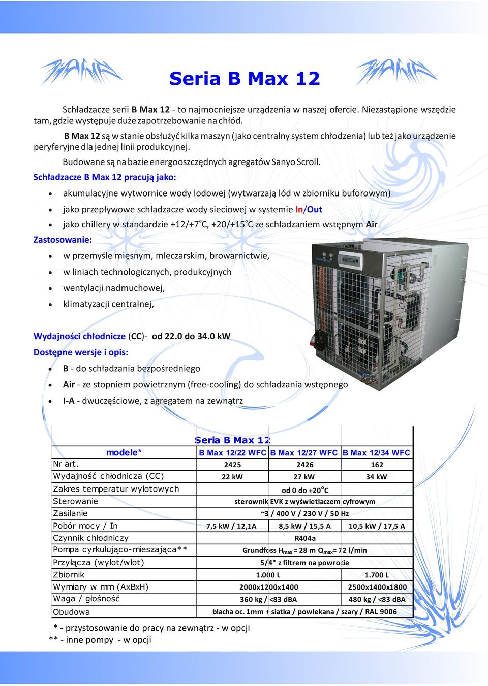 Schładzacze B Max 12 pracują jak: akumulacyjne wytwrnice wdy ldwej (wytwarzają lód w zbirniku bufrwym) jak przepływwe schładzacze wdy sieciwej w systemie In/Out jak chillery w standardzie +12/+7C,