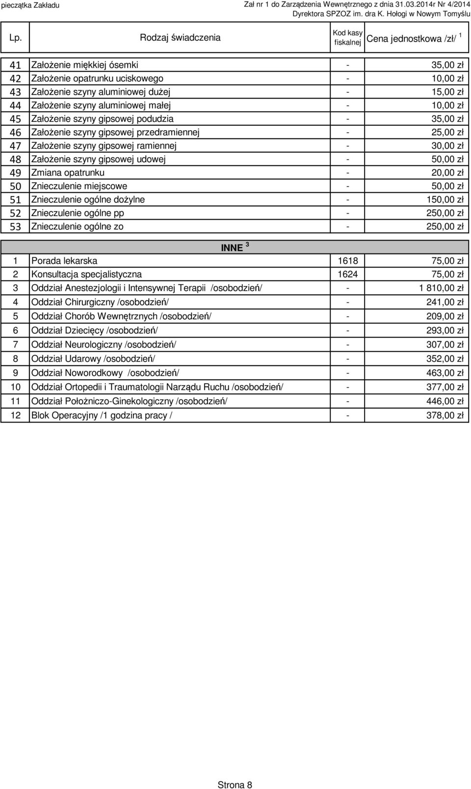 20,00 zł 50 Znieczulenie miejscowe - 50,00 zł 5 Znieczulenie ogólne dożylne - 50,00 zł 52 Znieczulenie ogólne pp - 250,00 zł 53 Znieczulenie ogólne zo - 250,00 zł INNE 3 Porada lekarska 68 75,00 zł 2