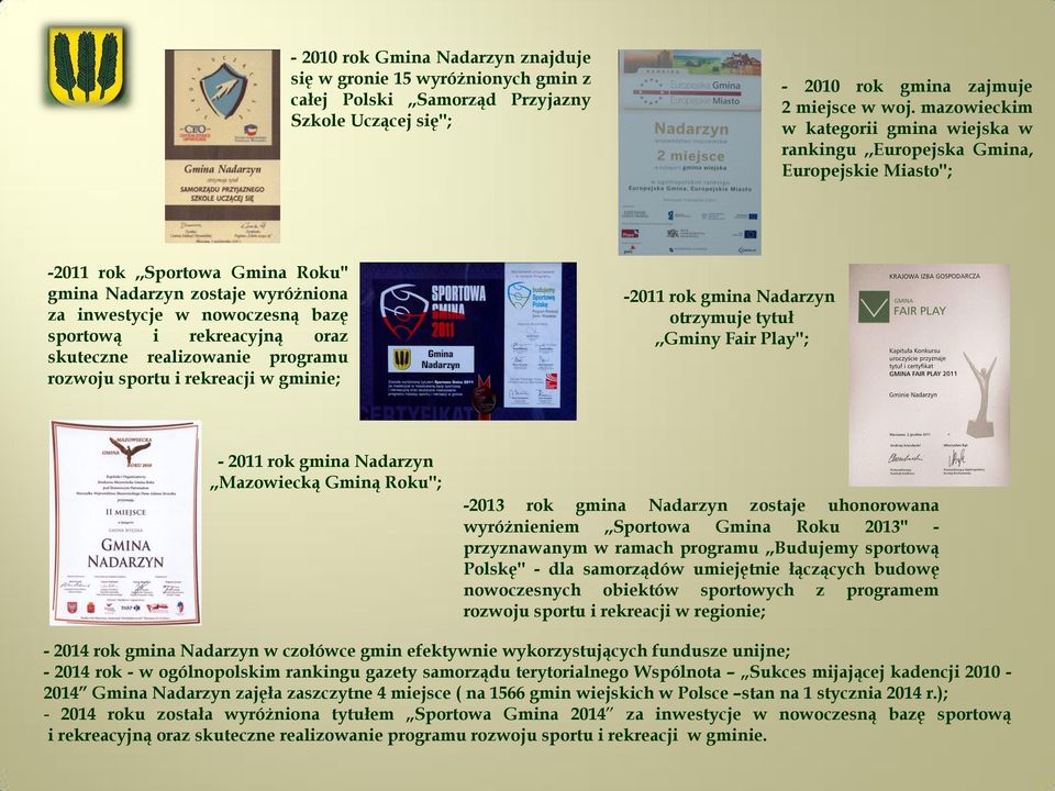 rekreacyjną oraz skuteczne realizowanie programu rozwoju sportu i rekreacji w gminie; -2011 rok gmina Nadarzyn otrzymuje tytuł,,gminy Fair Play''; - 2011 rok gmina Nadarzyn,,Mazowiecką Gminą Roku'';