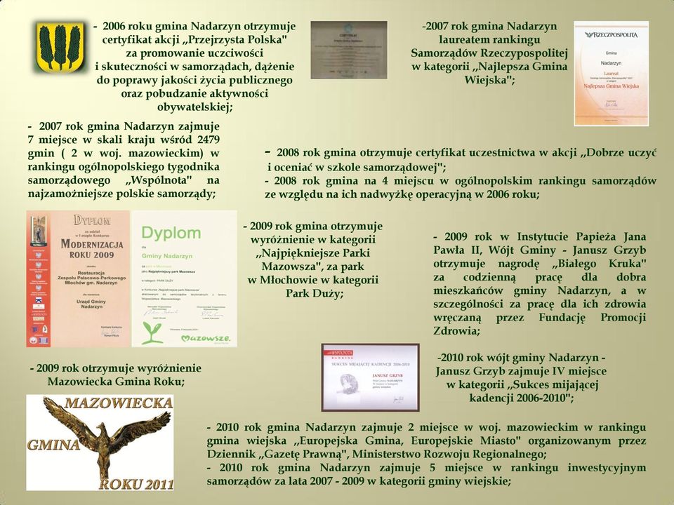 mazowieckim) w rankingu ogólnopolskiego tygodnika samorządowego,,wspólnota'' na najzamożniejsze polskie samorządy; -2007 rok gmina Nadarzyn laureatem rankingu Samorządów Rzeczypospolitej w