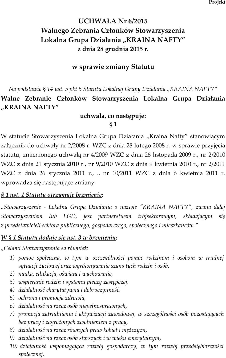 Działania Kraina Nafty stanowiącym załącznik do uchwały nr 2/2008 r. WZC z dnia 28 lutego 2008 r. w sprawie przyjęcia statutu, zmienionego uchwałą nr 4/2009 WZC z dnia 26 listopada 2009 r.