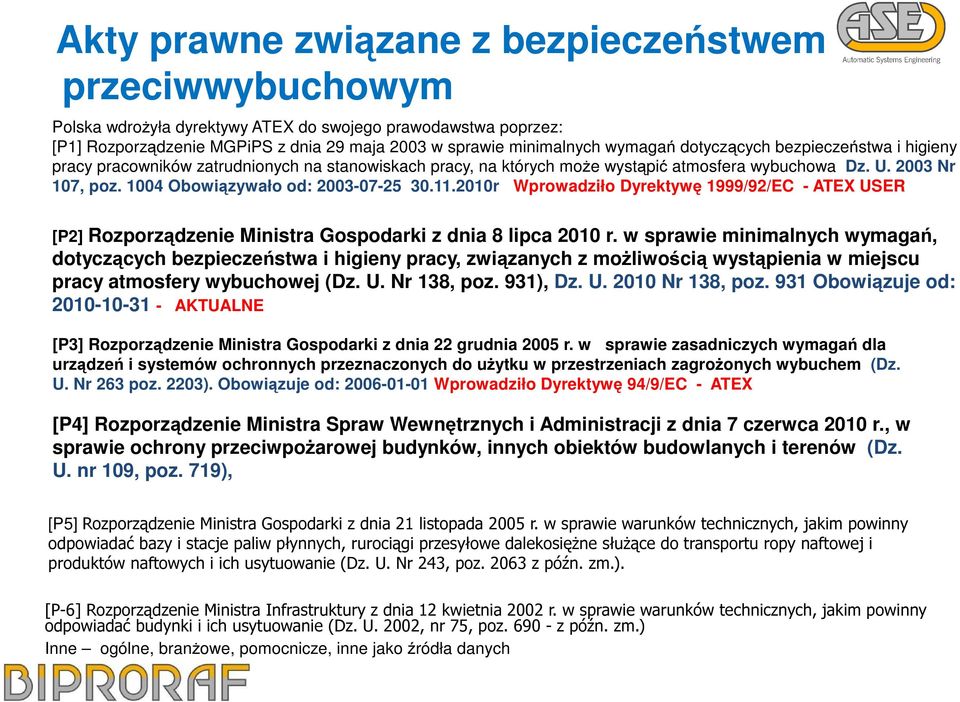 11.2010r Wprowadziło Dyrektywę 1999/92/EC - ATEX USER [P2] Rozporządzenie Ministra Gospodarki z dnia 8 lipca 2010 r.