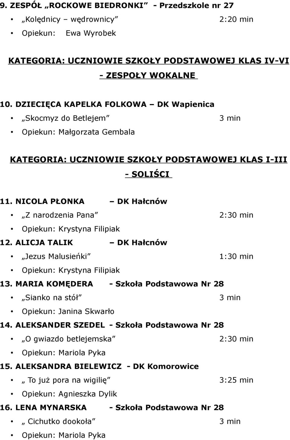 NICOLA PŁONKA DK Hałcnów Z narodzenia Pana 2:30 min Opiekun: Krystyna Filipiak 12. ALICJA TALIK DK Hałcnów Jezus Malusieńki 1:30 min Opiekun: Krystyna Filipiak 13.