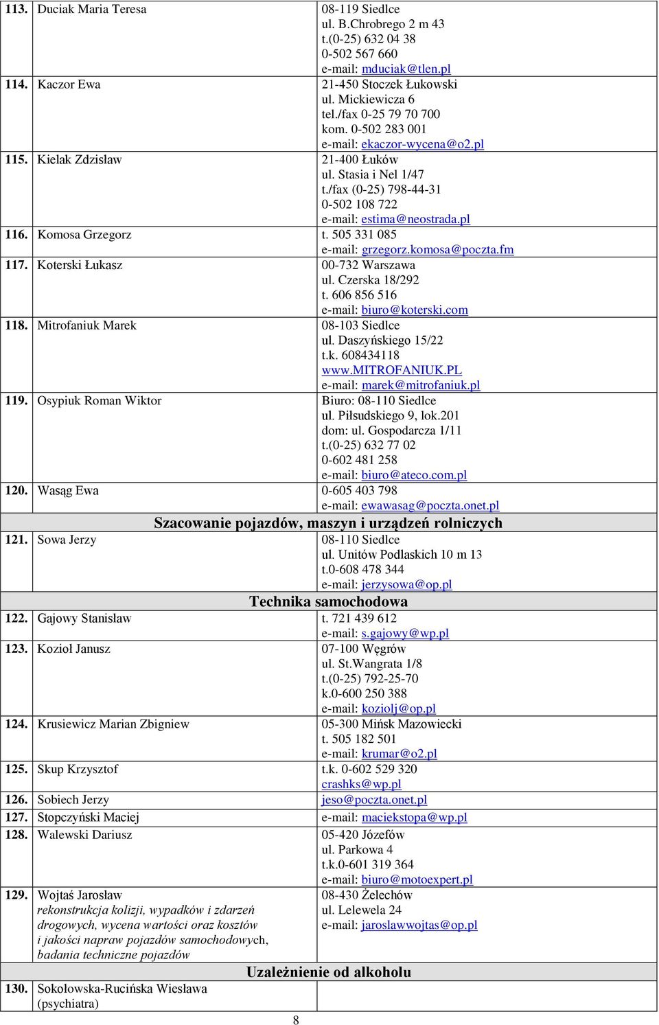 Komosa Grzegorz t. 505 331 085 e-mail: grzegorz.komosa@poczta.fm 117. Koterski Łukasz 00-732 Warszawa ul. Czerska 18/292 t. 606 856 516 e-mail: biuro@koterski.com 118.