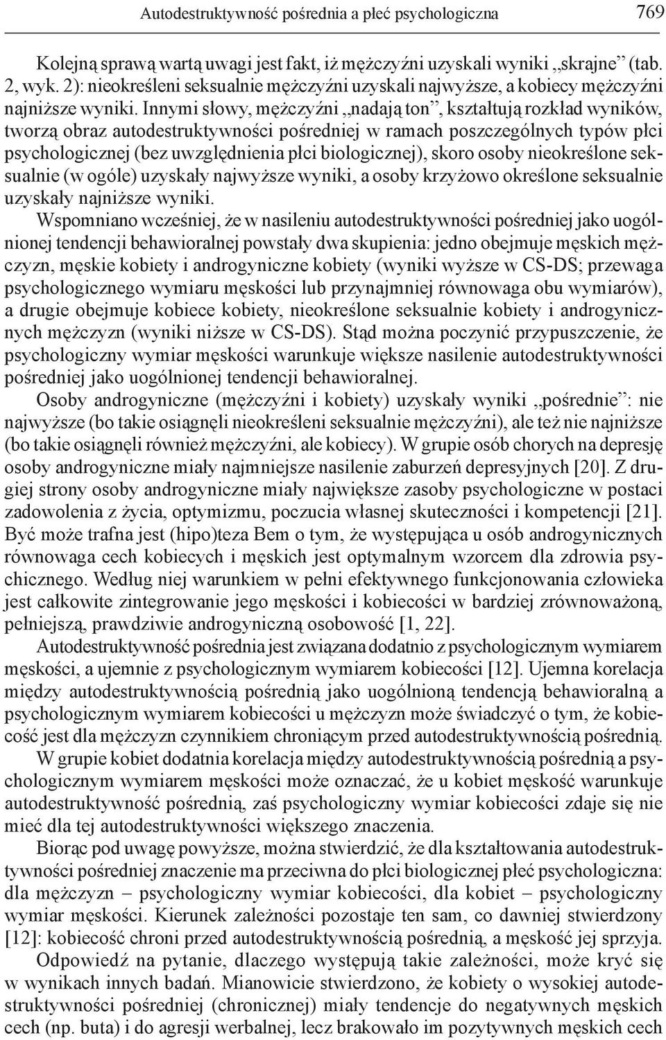 Innymi słowy, mężczyźni nadają ton, kształtują rozkład wyników, tworzą obraz autodestruktywności pośredniej w ramach poszczególnych typów płci psychologicznej (bez uwzględnienia płci biologicznej),