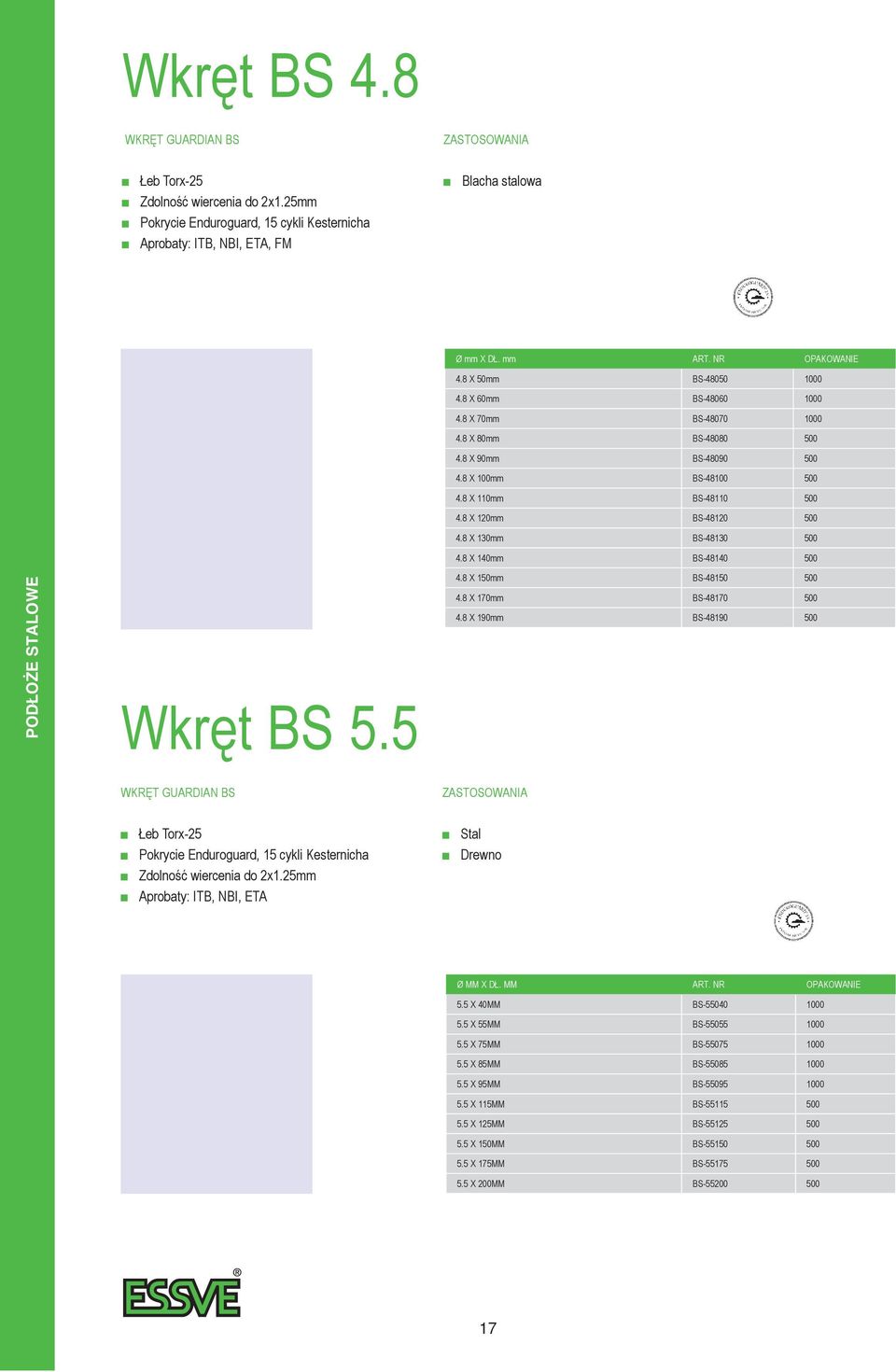 8 X 140mm bs-48140 500 Podłoże stalowe wkręt bs 5.5 4.8 X 150mm bs-48150 500 4.8 X 170mm bs-48170 500 4.