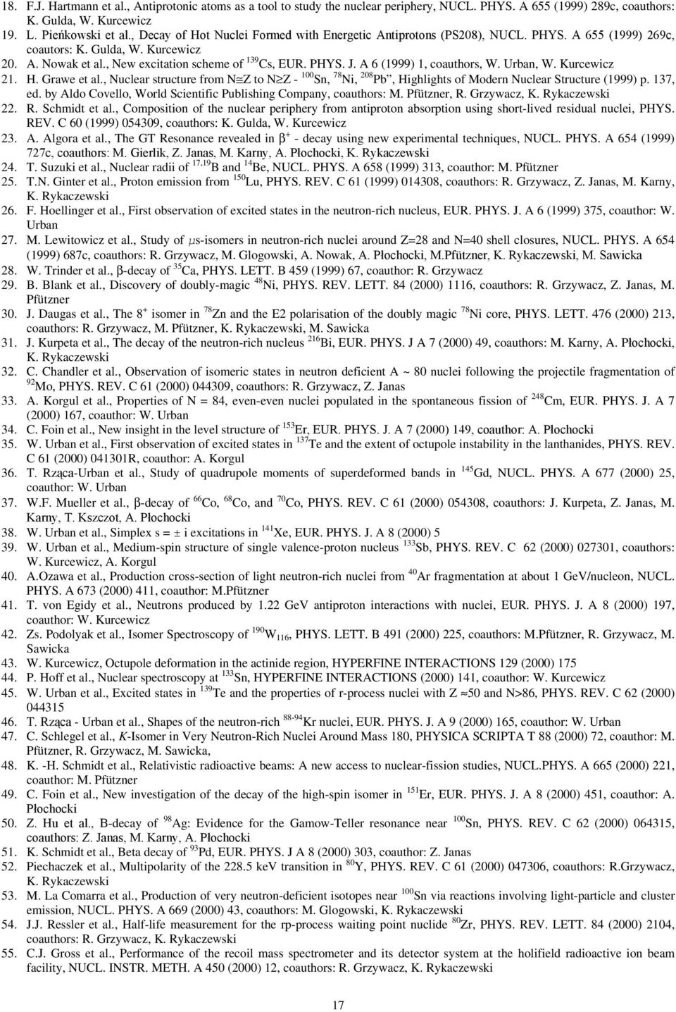 A 6 (1999) 1, coauthors, W. Urban, W. Kurcewicz 21. H. Grawe et al., Nuclear structure from N Z to N Z - 100 Sn, 78 Ni, 208 Pb, Highlights of Modern Nuclear Structure (1999) p. 137, ed.