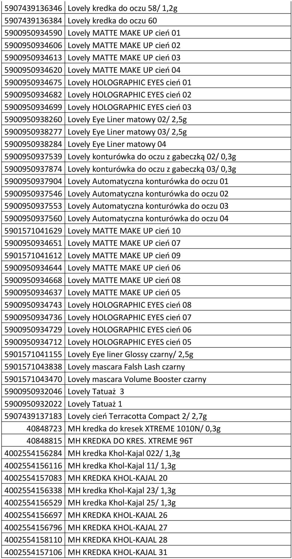 5900950938260 Lovely Eye Liner matowy 02/ 2,5g 5900950938277 Lovely Eye Liner matowy 03/ 2,5g 5900950938284 Lovely Eye Liner matowy 04 5900950937539 Lovely konturówka do oczu z gabeczką 02/ 0,3g