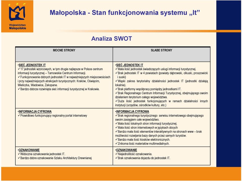 Bardzo dobrze rozwinięta sieć informacji turystycznej w Krakowie. INFORMACJA CYFROWA Prawidłowo funkcjonujący regionalny portal internetowy OZNAKOWANIE Widoczne oznakowanie jednostek IT.