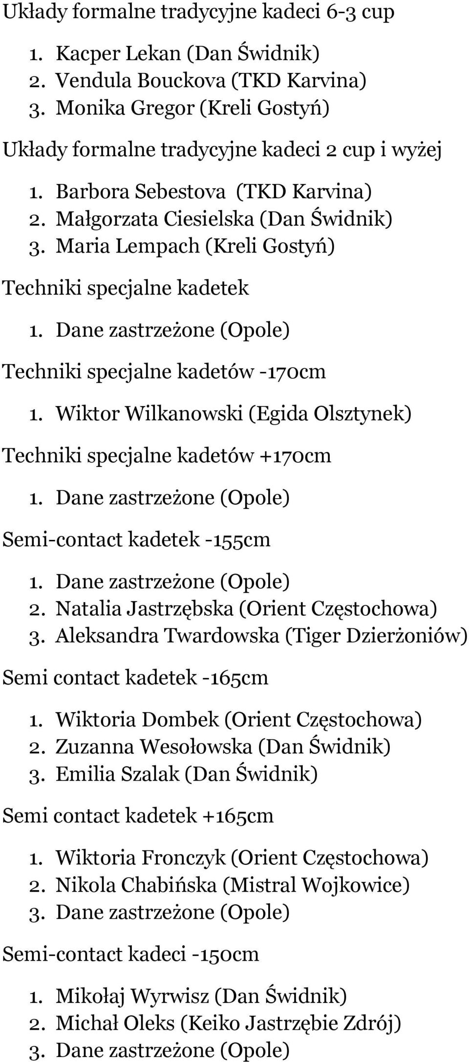 Wiktor Wilkanowski (Egida Olsztynek) Techniki specjalne kadetów +170cm Semi-contact kadetek -155cm 2. Natalia Jastrzębska (Orient Częstochowa) 3.