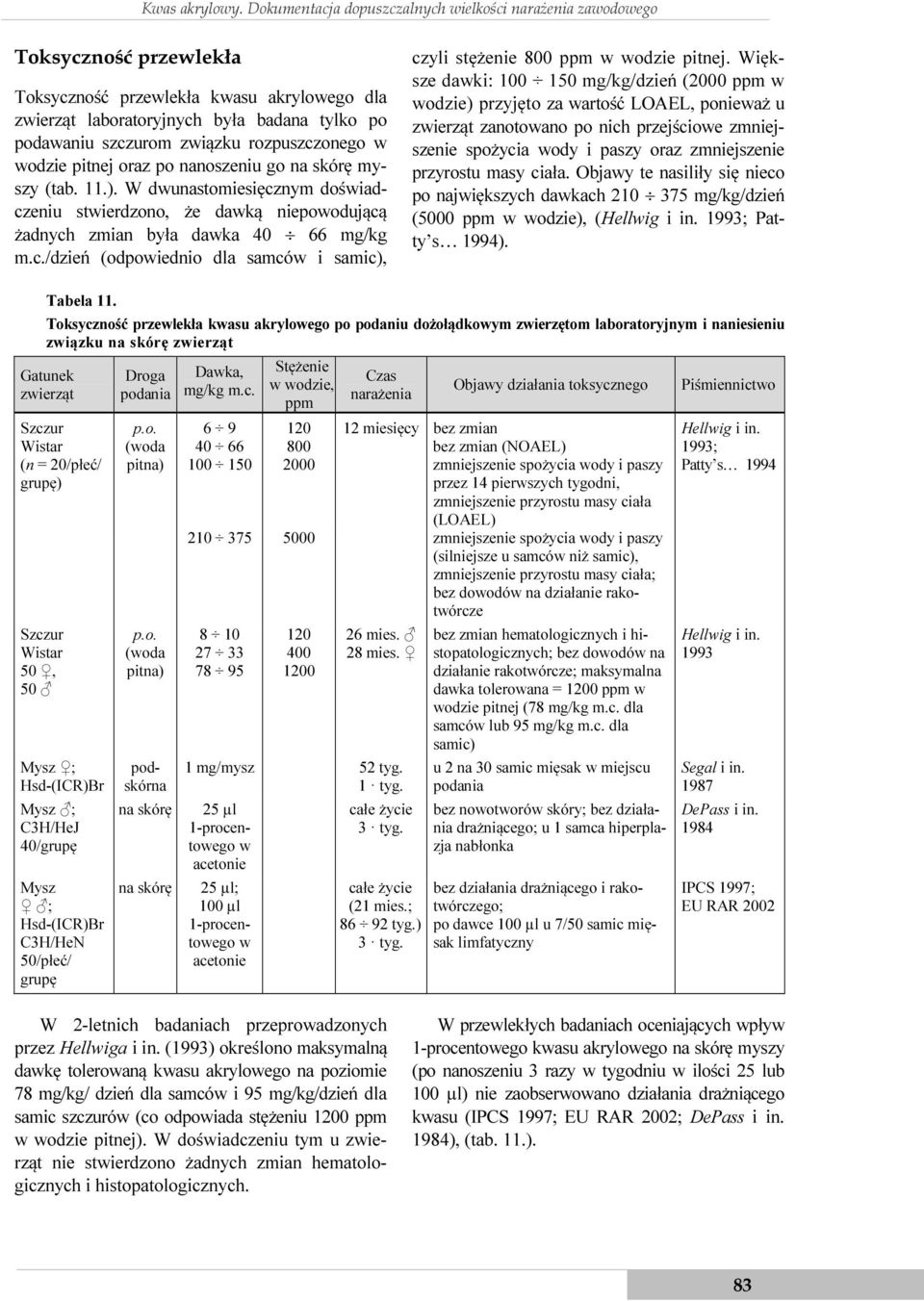 rozpuszczonego w wodzie pitnej oraz po nanoszeniu go na skórę myszy (tab. 11.). W dwunastomiesięcznym doświadczeniu stwierdzono, że dawką niepowodującą żadnych zmian była dawka 40 66 mg/kg m.c./dzień (odpowiednio dla samców i samic), czyli stężenie 800 ppm w wodzie pitnej.