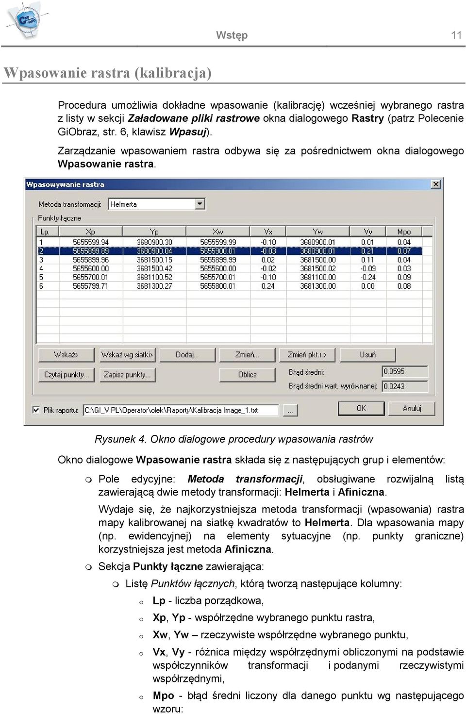 Okno dialogowe procedury wpasowania rastrów Okno dialogowe Wpasowanie rastra składa się z następujących grup i elementów: Pole edycyjne: Metoda transformacji, obsługiwane rozwijalną zawierającą dwie