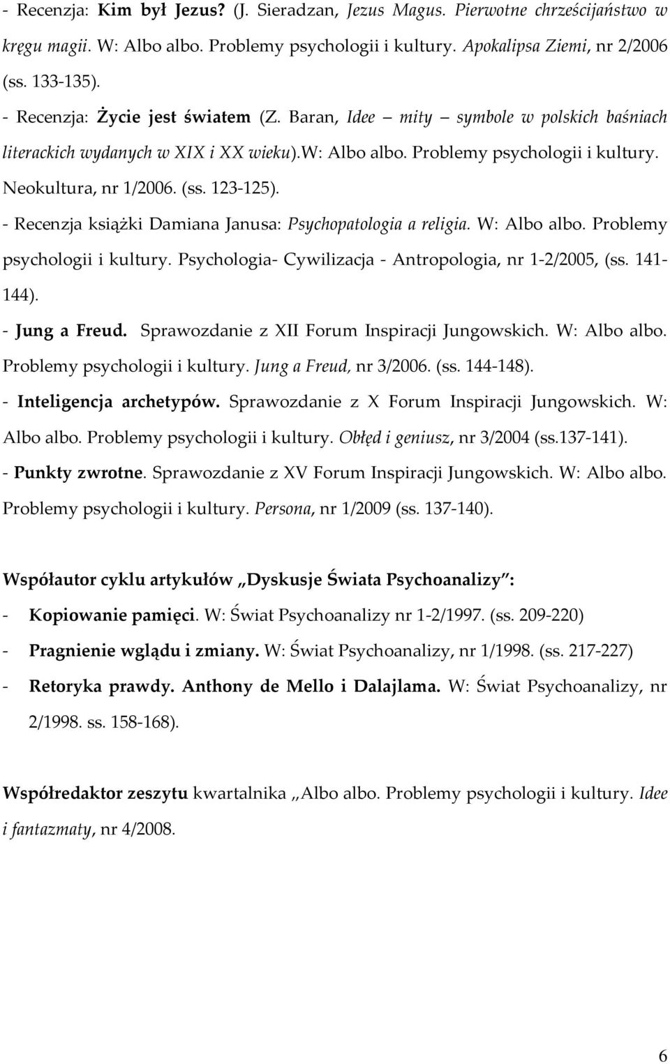 123-125). - Recenzja książki Damiana Janusa: Psychopatologia a religia. W: Albo albo. Problemy psychologii i kultury. Psychologia- Cywilizacja - Antropologia, nr 1-2/2005, (ss. 141-144).