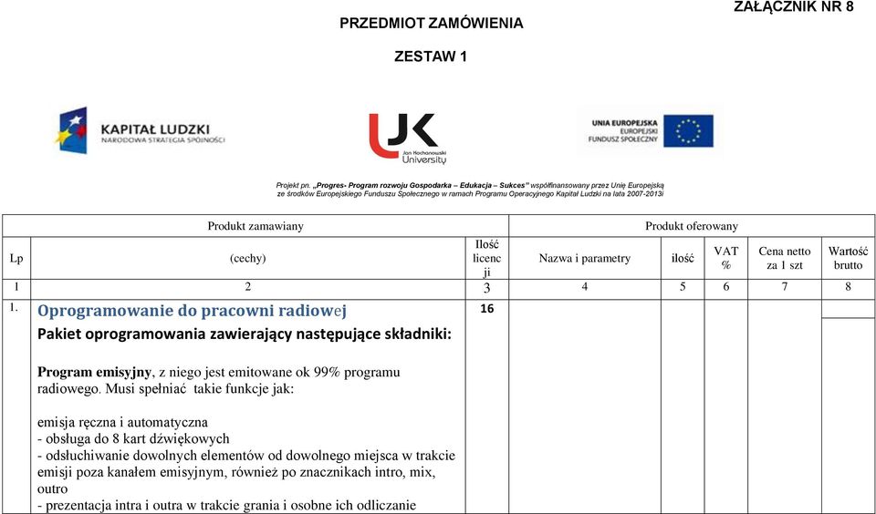 2007-2013i Lp Produkt zamawiany (cechy) Ilość licenc ji Nazwa i parametry Produkt oferowany ilość VAT % Cena netto za 1 szt 1 2 3 4 5 6 7 8 1.