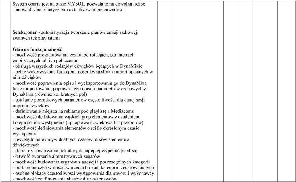 - obsługa wszystkich rodzajów dźwięków będących w DynaMixie - pełne wykorzystanie funkcjonalności DynaMixa i import opisanych w nim dźwięków - możliwość poprawienia opisu i wyeksportowania go do