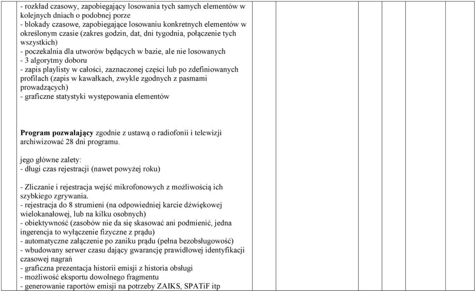 zdefiniowanych profilach (zapis w kawałkach, zwykle zgodnych z pasmami prowadzących) - graficzne statystyki występowania elementów Program pozwalający zgodnie z ustawą o radiofonii i telewizji