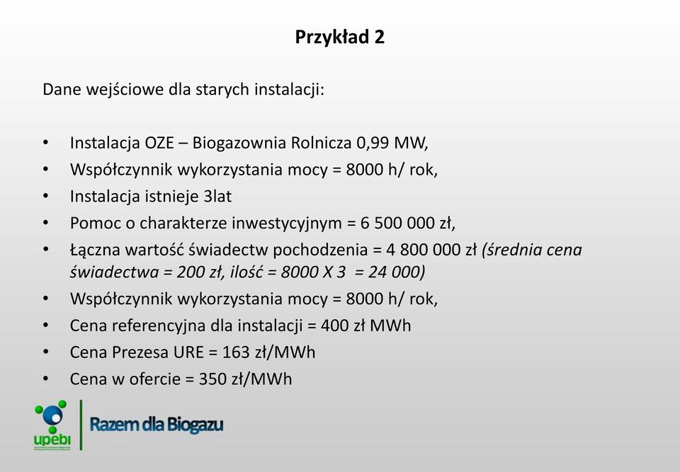 wartość świadectw pochodzenia = 4 800 000 zł (średnia cena świadectwa = 200 zł, ilość = 8000 X 3 = 24 000) Współczynnik