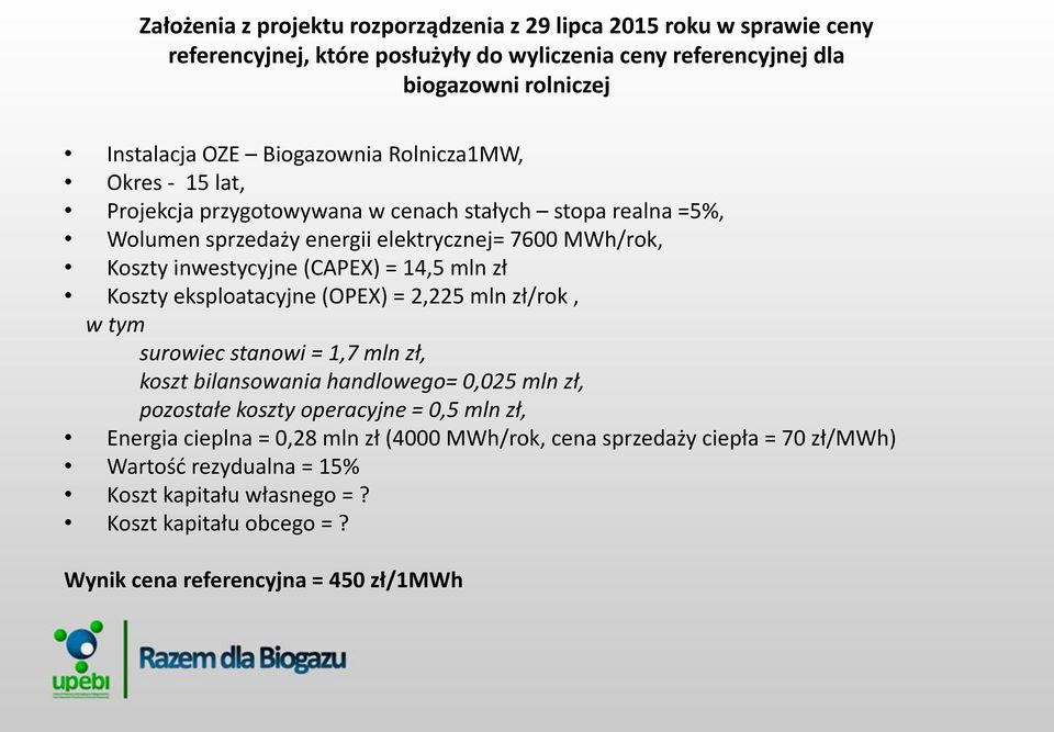 14,5 mln zł Koszty eksploatacyjne (OPEX) = 2,225 mln zł/rok, w tym surowiec stanowi = 1,7 mln zł, koszt bilansowania handlowego= 0,025 mln zł, pozostałe koszty operacyjne = 0,5 mln zł,