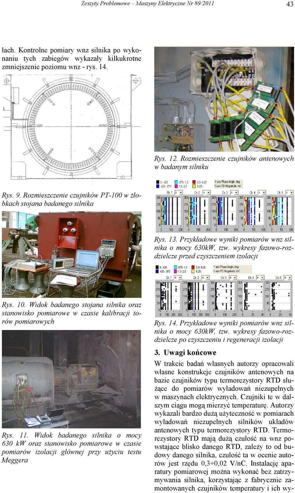 wykresy fazowo-rozdzielcze przed czyszczeniem izolacji Rys. 10. Widok badanego stojana silnika oraz stanowisko pomiarowe w czasie kalibracji torów pomiarowych Rys. 11.
