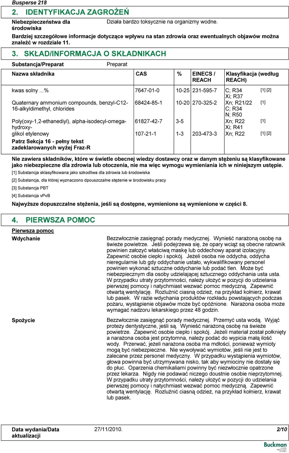 SKŁAD/INFORMACJA O SKŁADNIKACH Substancja/Preparat Nazwa składnika Preparat CAS % EINECS / REACH Najwyższe dopuszczalne stężenia, jeśli są dostępne, wymienione są wymienione w części 8.