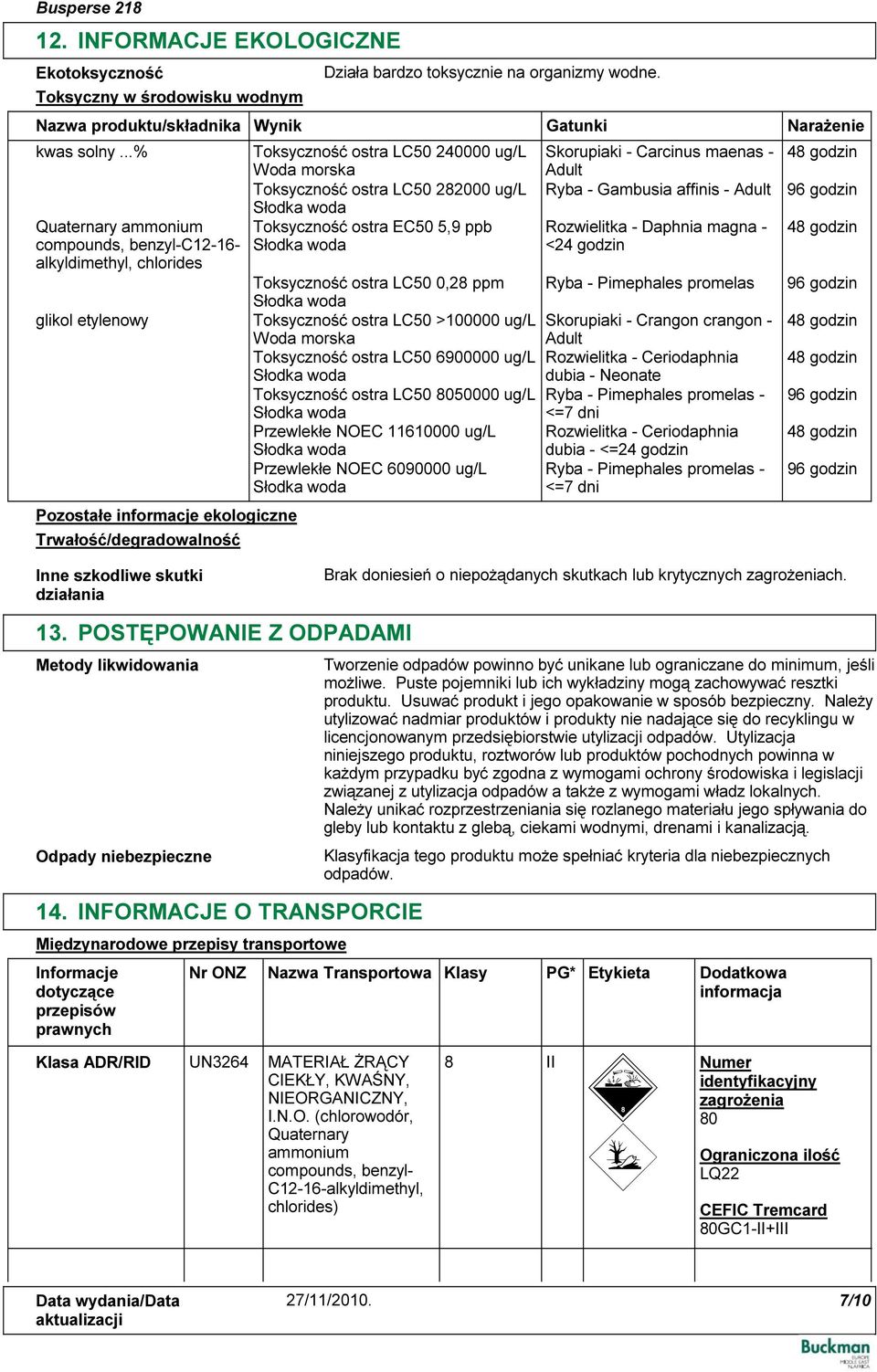 Toksyczność ostra LC50 240000 ug/l Woda morska Toksyczność ostra LC50 282000 ug/l Toksyczność ostra EC50 5,9 ppb Gatunki Skorupiaki - Carcinus maenas - Adult Ryba - Gambusia affinis - Adult