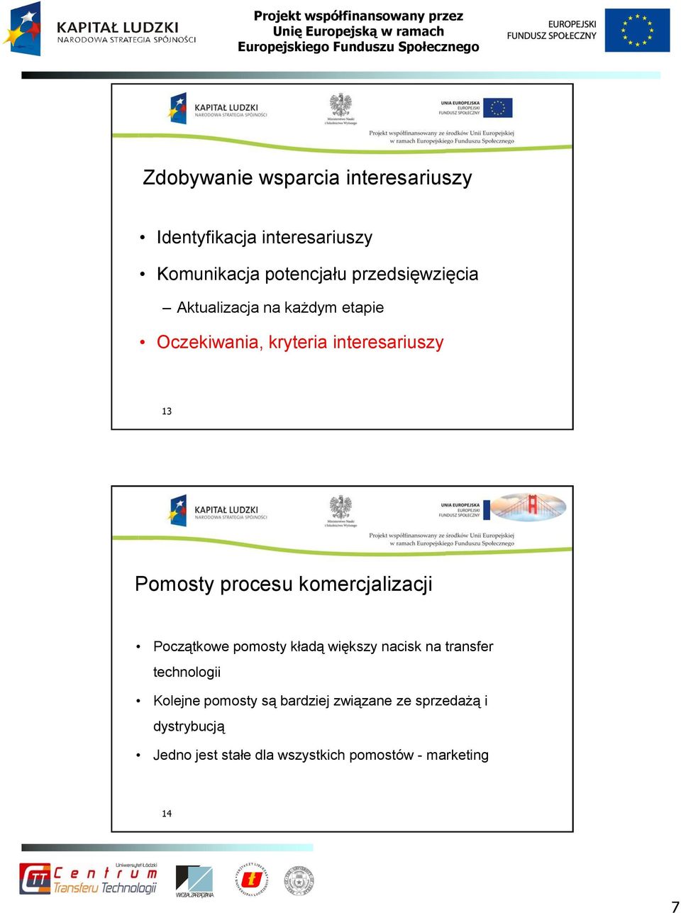 procesu komercjalizacji Początkowe pomosty kładą większy nacisk na transfer technologii Kolejne