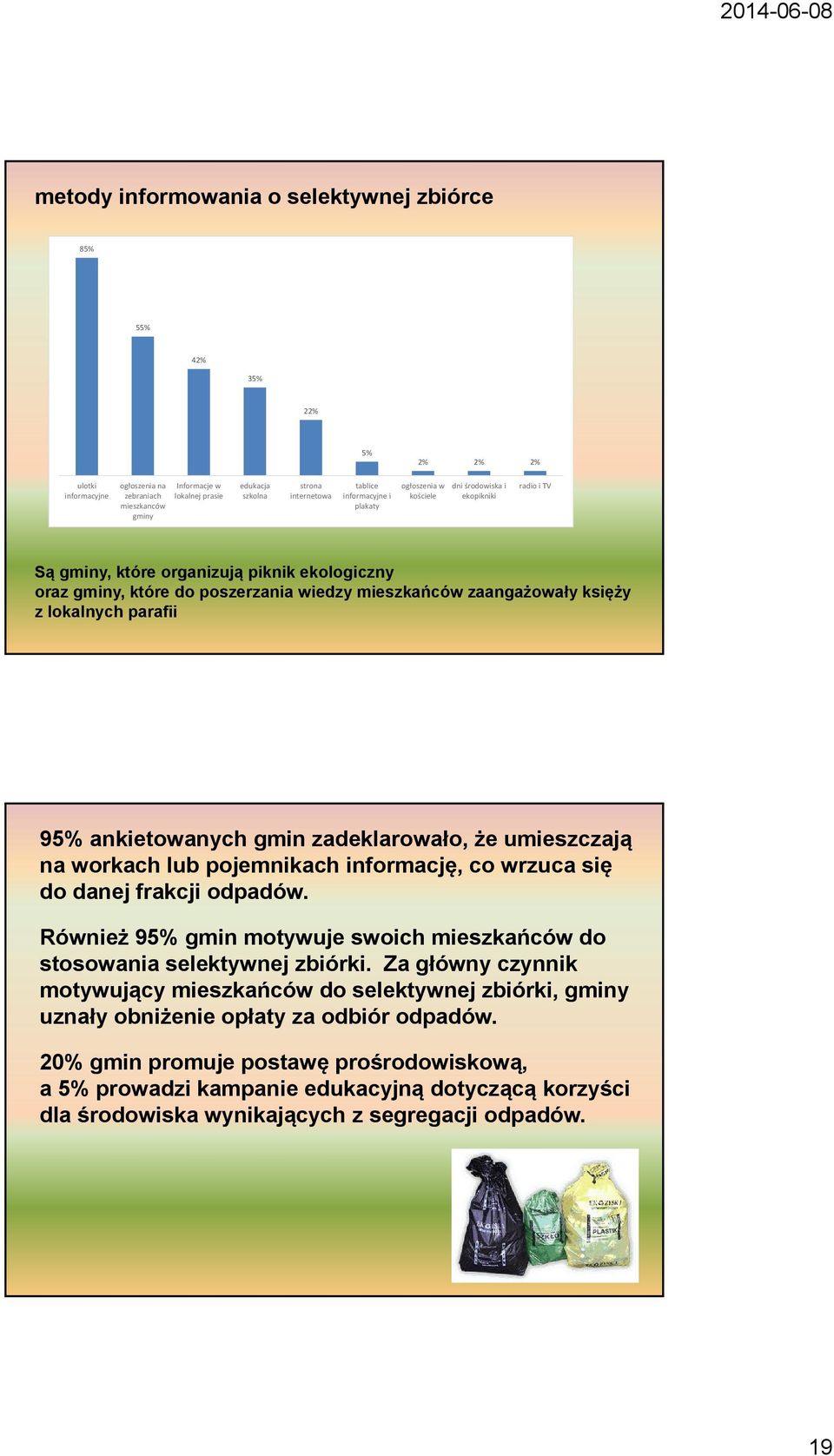 mieszkańców zaangażowały księży z lokalnych parafii 95% ankietowanych gmin zadeklarowało, że umieszczają na workach lub pojemnikach informację, co wrzuca się do danej frakcji odpadów.