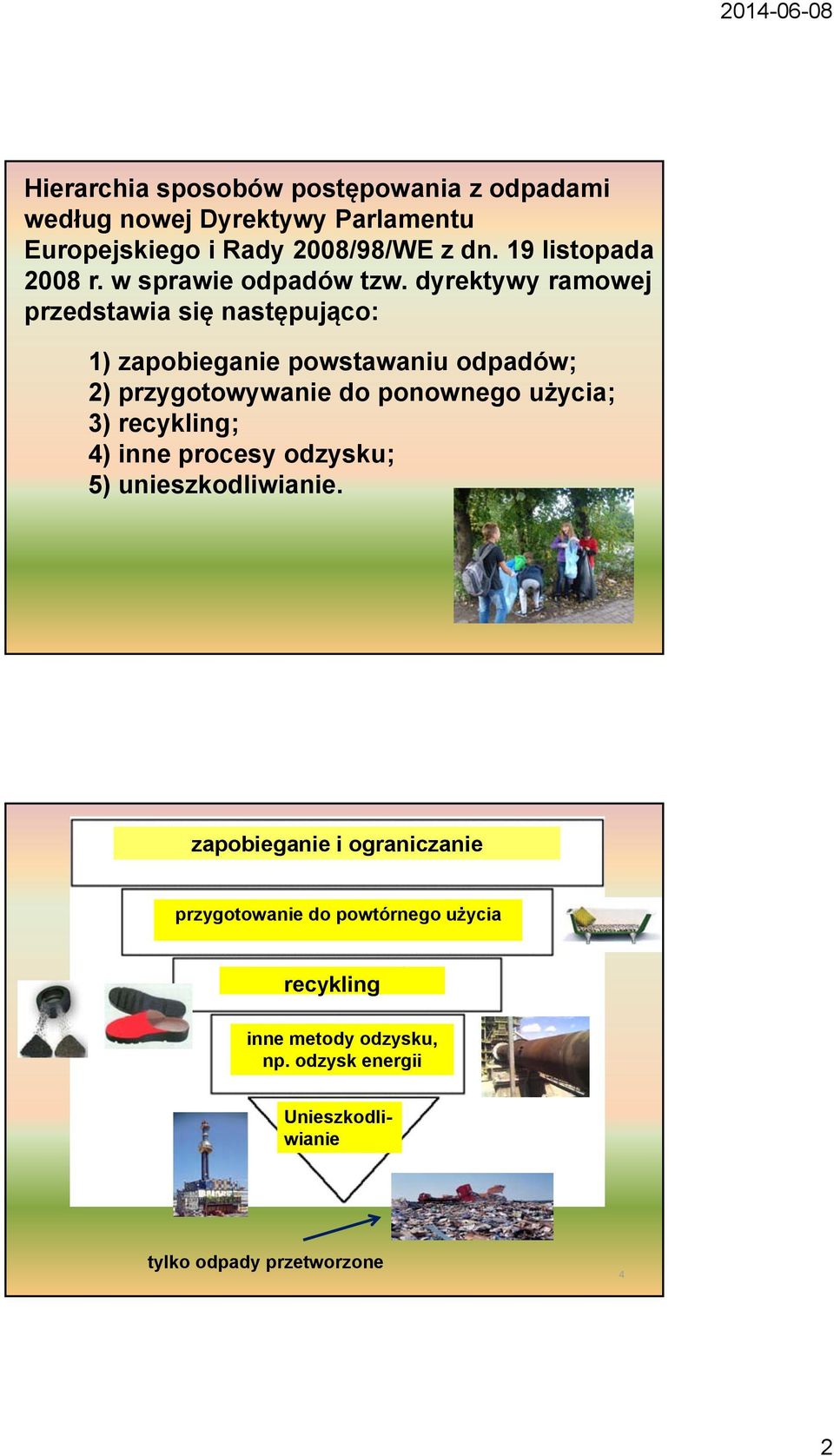 dyrektywy ramowej przedstawia się następująco: 1) zapobieganie powstawaniu odpadów; 2) przygotowywanie do ponownego użycia; 3)