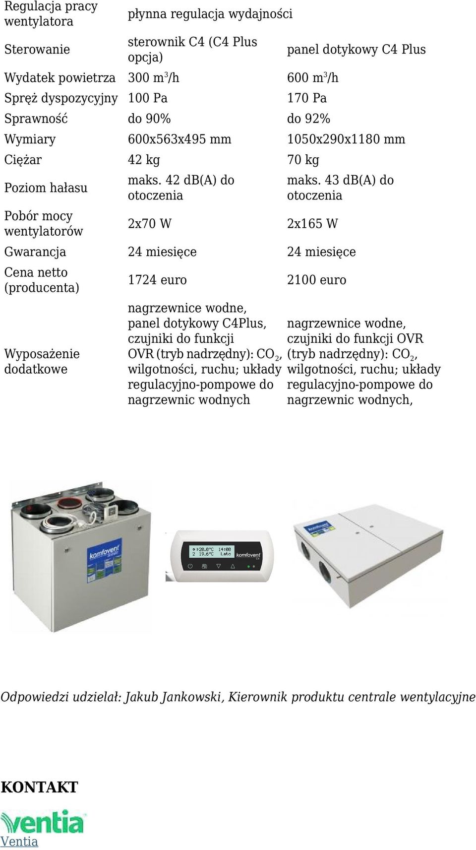 43 db(a) do otoczenia 2x165 W Gwarancja 24 miesięce 24 miesięce Cena netto (producenta) Wyposażenie dodatkowe 1724 euro 2100 euro nagrzewnice wodne, panel dotykowy C4Plus, nagrzewnice wodne, czujniki