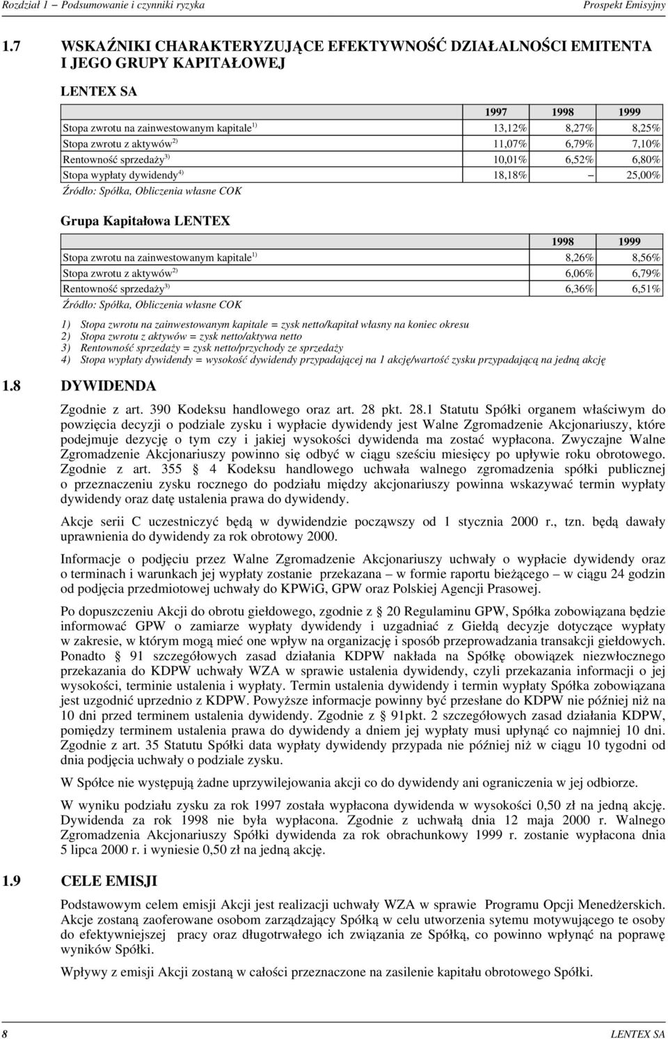 2) 11,07% 6,79% 7,10% Rentownoœæ sprzeda y 3) 10,01% 6,52% 6,80% Stopa wyp³aty dywidendy 4) 18,18% - 25,00% ród³o: Spó³ka, Obliczenia w³asne COK Grupa Kapita³owa LENTEX 1998 1999 Stopa zwrotu na