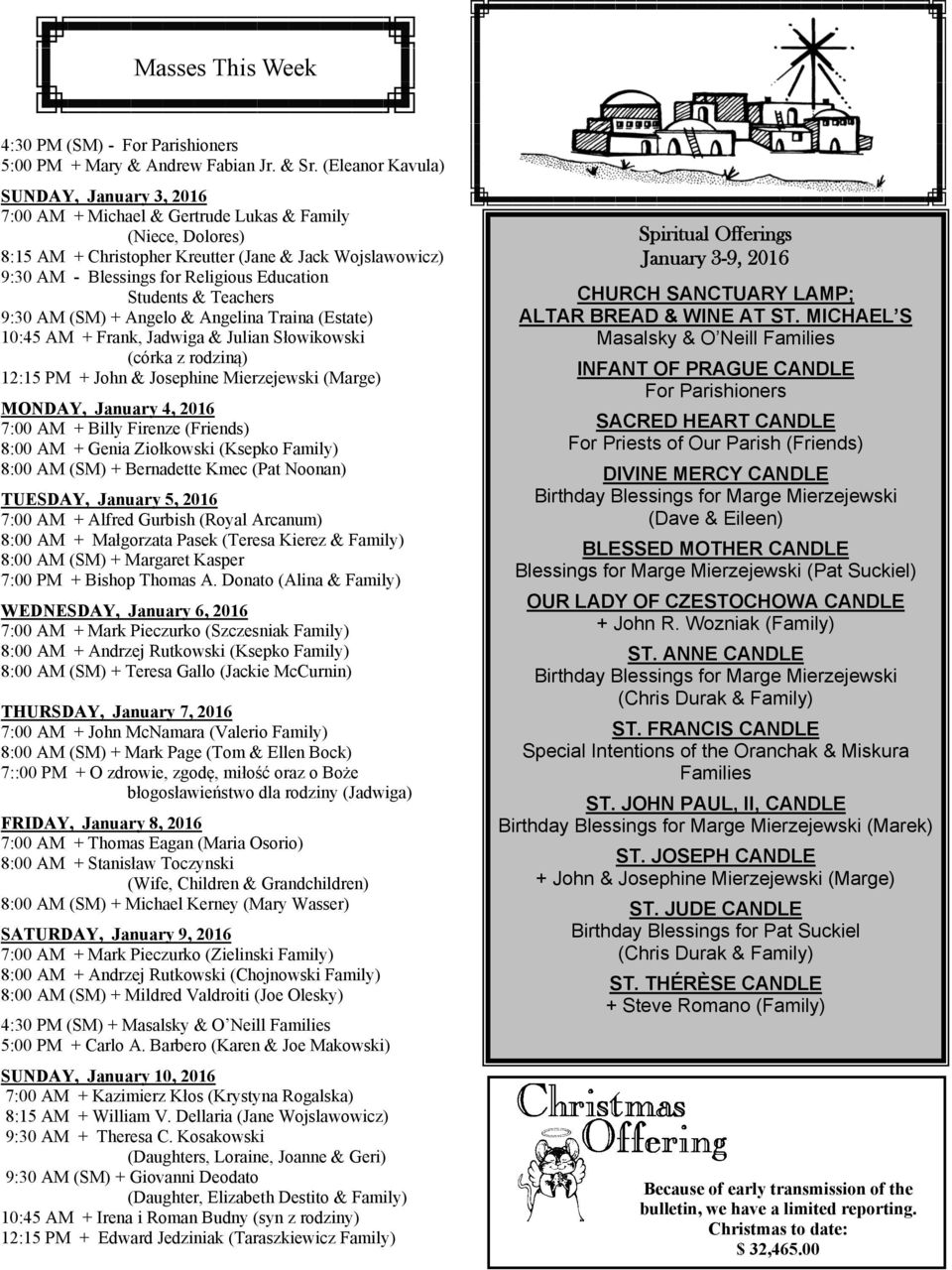 Education Students & Teachers 9:30 AM (SM) + Angelo & Angelina Traina (Estate) 10:45 AM + Frank, Jadwiga & Julian Słowikowski (córka z rodziną) 12:15 PM + John & Josephine Mierzejewski (Marge)