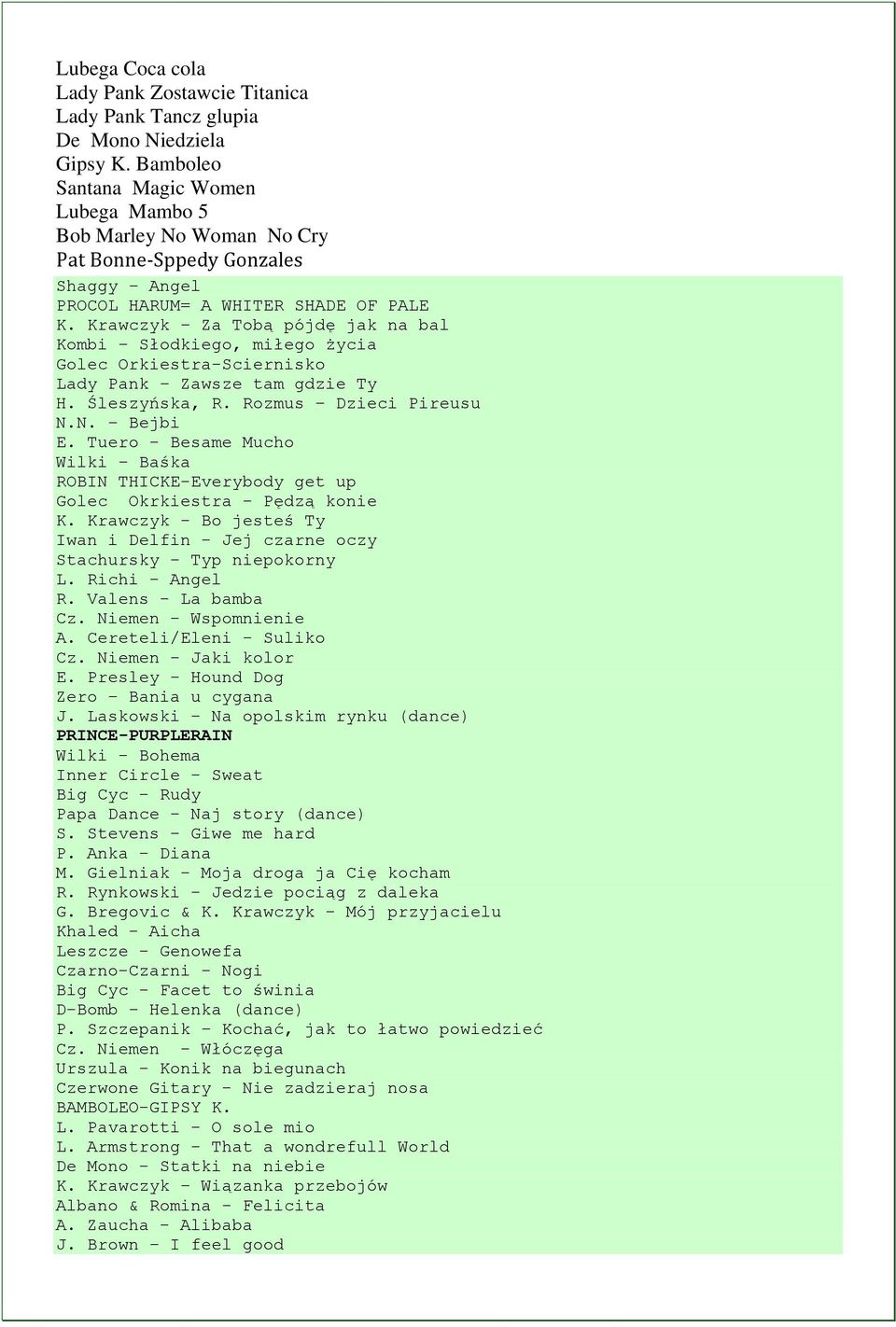Krawczyk Za Tobą pójdę jak na bal Kombi Słodkiego, miłego życia Golec Orkiestra-Sciernisko Lady Pank Zawsze tam gdzie Ty H. Śleszyńska, R. Rozmus Dzieci Pireusu N.N. Bejbi E.